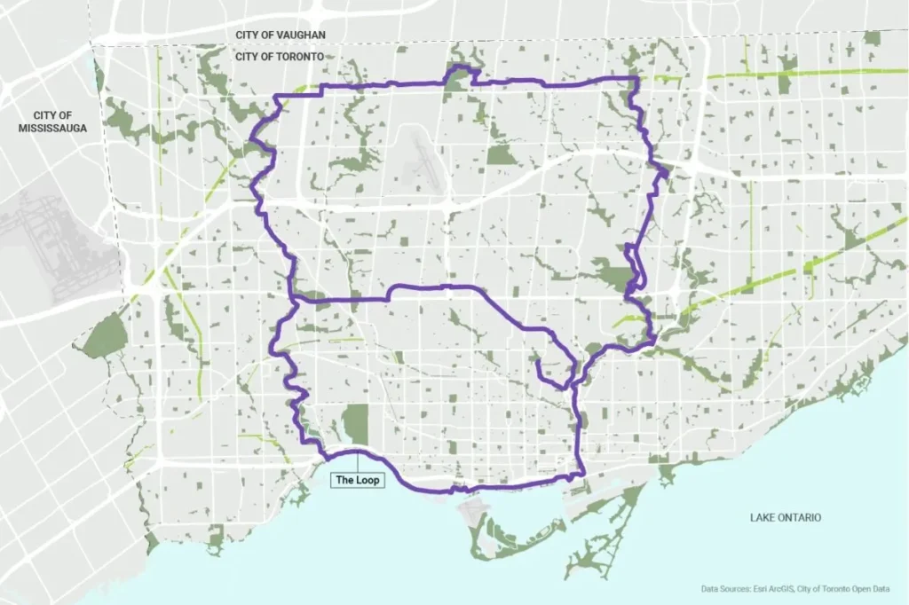 Map of the City of Toronto showing  the Loop Trail encircling the city, as well as the cross-town section.