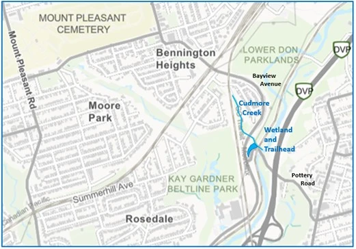 Map of ravine and major roads in Cudmore Creek area in Toronto