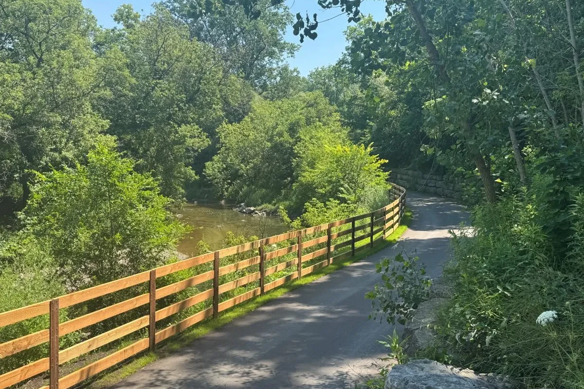 Paved path with wooden fence and stream on one side heading into wooded area.