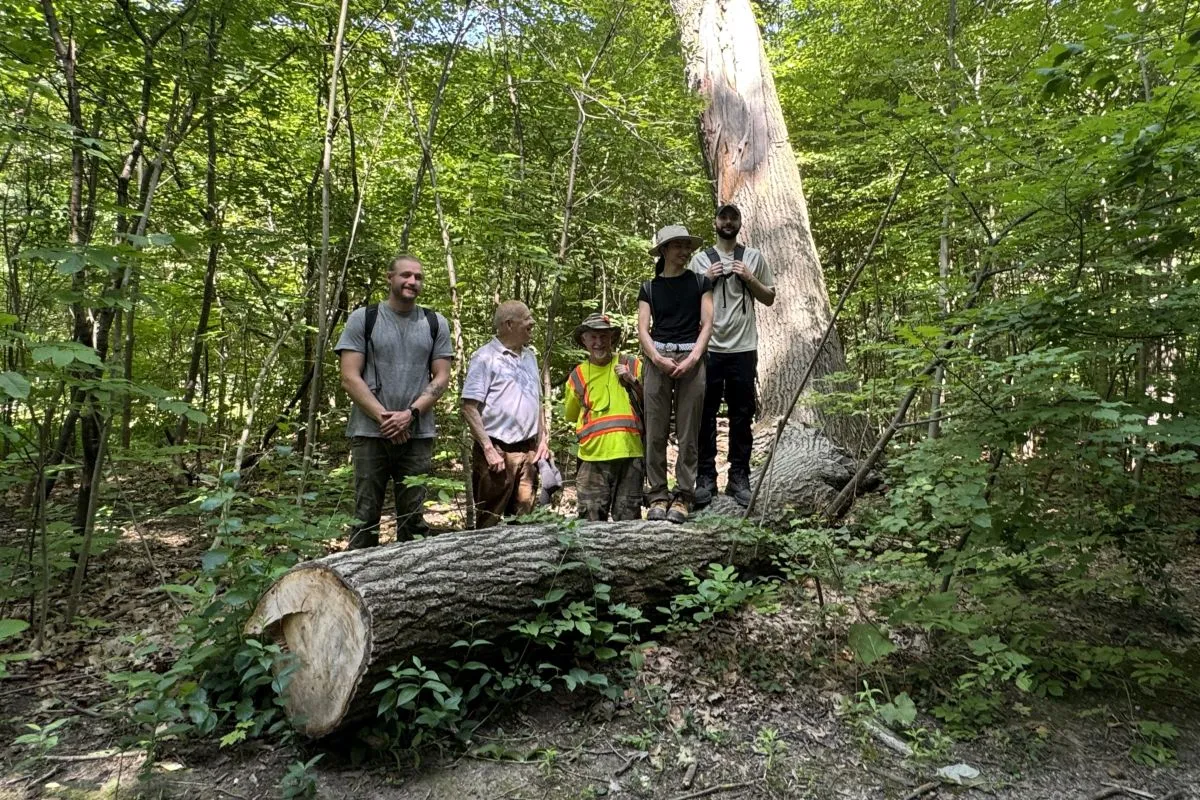 Group of 5 people standing on and behind a large cut log, surrounded by trees.