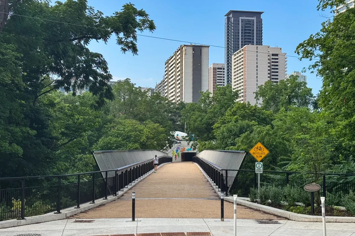 Bridge over ravine with trees on both sides and highrises in background