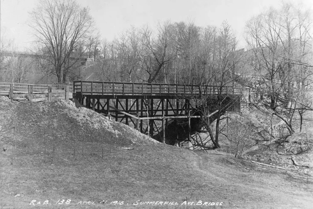 Wooden bridge across a stream in a ravine, surrounded by trees