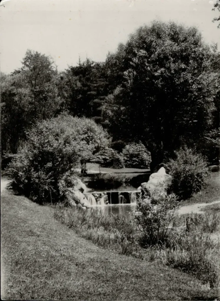 A black-and-white photograph of a small waterfall flowing through a wooded garden.