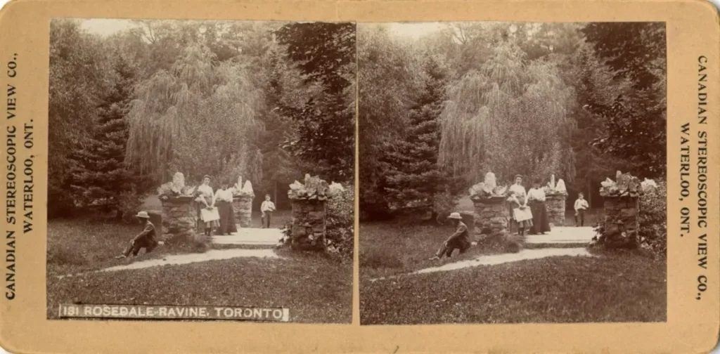 Vintage stereoscopic photograph of a garden fountain, labeled &ldquo;Canadian Stereoscopic View Co.&rdquo; and &ldquo;Toronto.&rdquo;