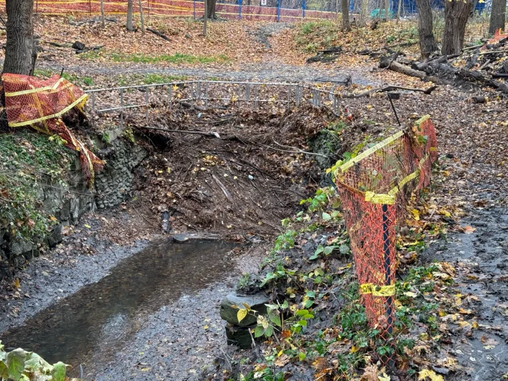 A muddy stream cuts through an eroded forest path marked with orange safety fencing.