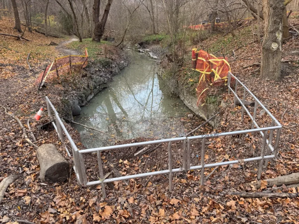 A small stream is enclosed by a metal railing in a leaf-covered woodland, with orange markers attached to nearby trees.