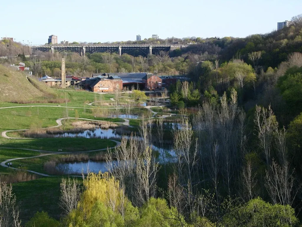 A green park with winding ponds and trees below a hilltop bridge and buildings.