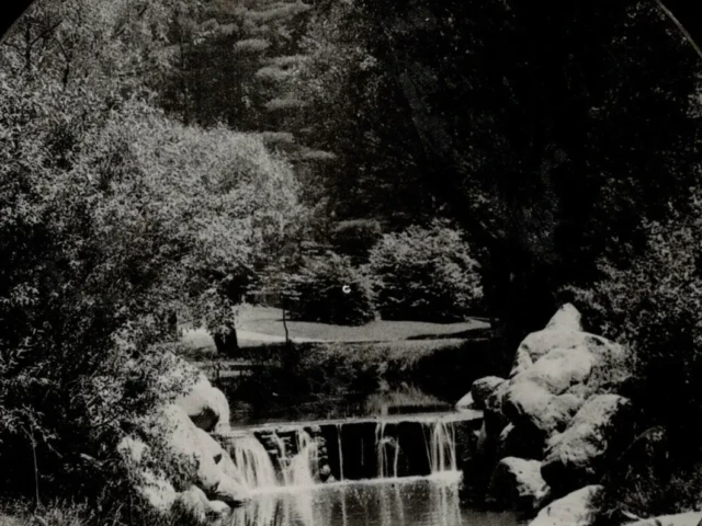 A black-and-white circular photograph of a small waterfall flowing through a wooded landscape.