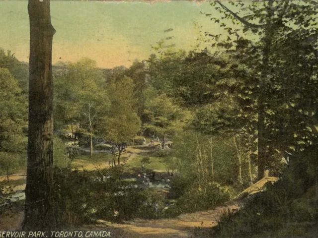 A wooded landscape with a dirt path, stream, and small bridge, captioned “Environs near Town of Oneida.”