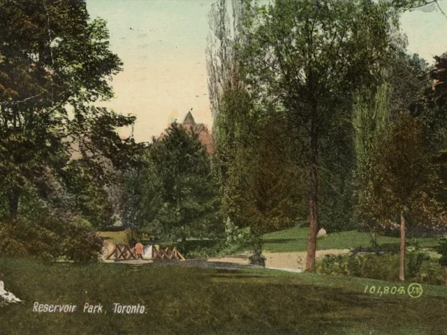 A vintage postcard depicts a tree-lined park with a path and reads “Reservoir Park, Toronto.”