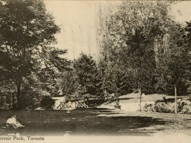 Sepia photograph of a wooded shoreline in Reservoir Park, Toronto.