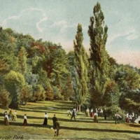 A painted landscape of people strolling through a park with tall poplar trees and wooded hills.