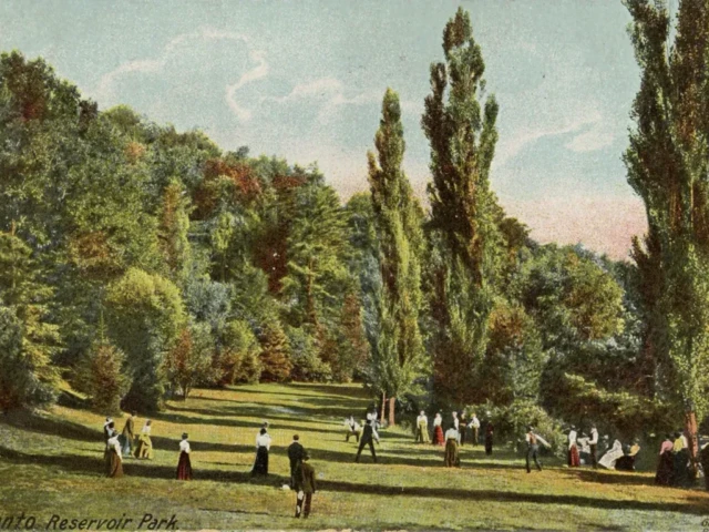A painted landscape of people strolling through a park with tall poplar trees and wooded hills.
