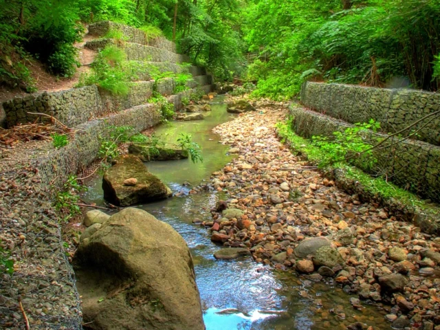 A shallow rocky stream winds between stone walls through a lush green forest.