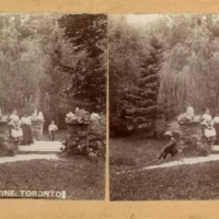Vintage stereoscopic photograph of a garden fountain, labeled “Canadian Stereoscopic View Co.” and “Toronto.”