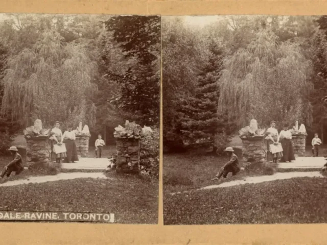Vintage stereoscopic photograph of a garden fountain, labeled “Canadian Stereoscopic View Co.” and “Toronto.”