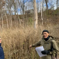 A man in a winter coat holds papers beside tall reeds in a wooded area.