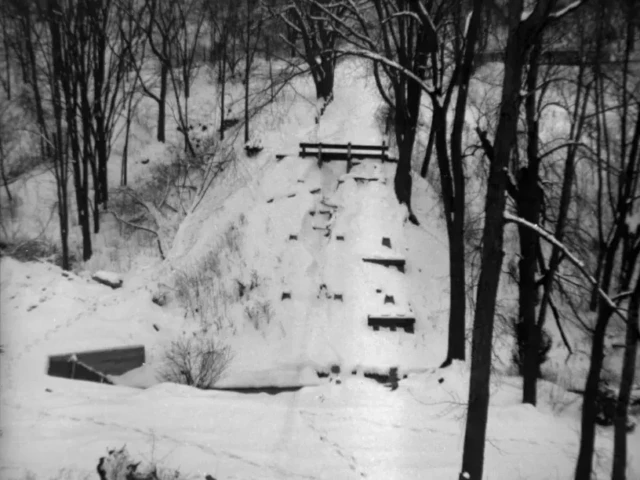 A snow-covered wooded landscape with a narrow path winding between bare trees.