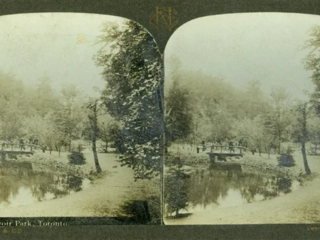 Antique stereoscopic photograph of a wooded riverside landscape, labeled “Château de Vaux.”