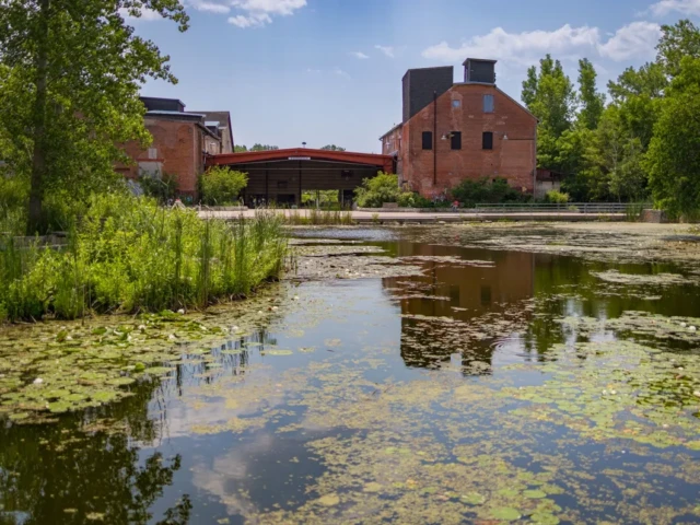 A red-brick industrial building stands beyond a pond covered with lily pads and reflecting the sky.