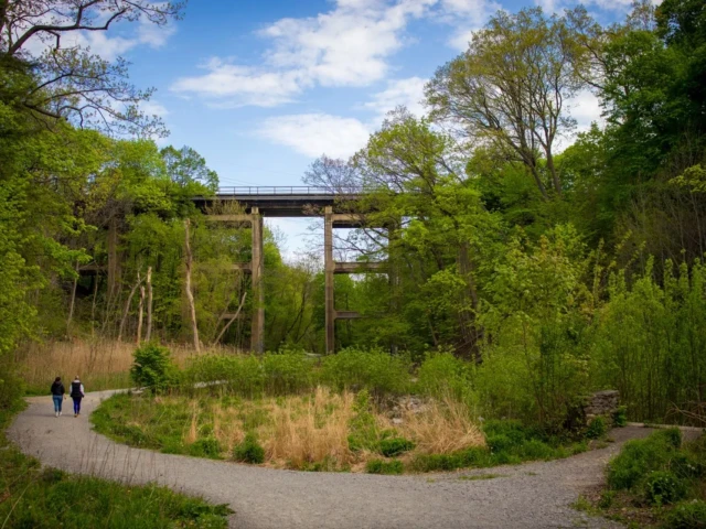 A winding gravel path passes through a green park beneath a bridge, with two people walking in the distance.