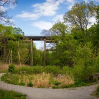 A gravel path winds through a green park toward a tall bridge, with two people walking beneath it.