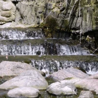 A small waterfall cascades over rock ledges into a shallow stream among large stones and greenery.
