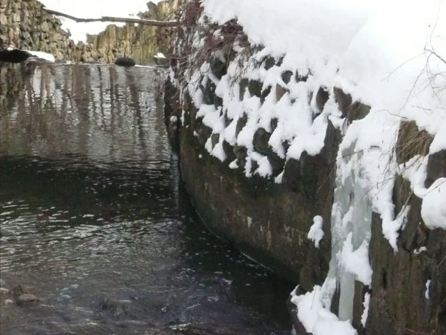 A narrow stream runs beside a stone wall covered in snow and ice.