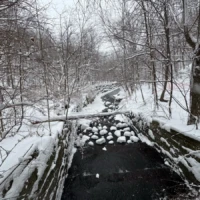 A snow-covered creek flows beneath a small stone bridge through a wooded winter landscape.