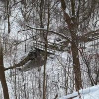 A wooden treehouse or platform sits among snow-covered trees in a winter forest.