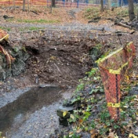 A muddy stream cuts through an eroded forest path marked with orange safety fencing.