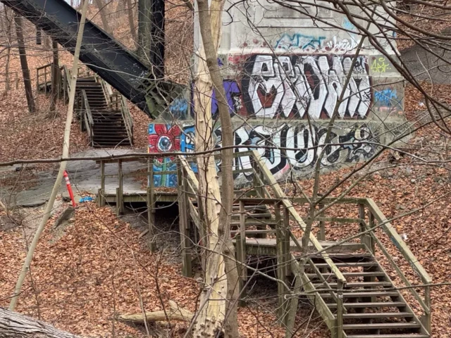 Graffiti-covered concrete structure and wooden stairways among leafless trees in a wooded area.
