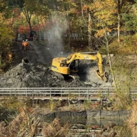 A yellow excavator works beside a narrow bridge amid autumn foliage and tall grasses.