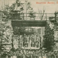 Vintage postcard of a stone reservoir dam with water flowing over it, labeled “Reservoir Ruins, Deer Park.”