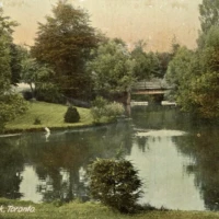 A tranquil pond surrounded by trees and shrubs, with a small bridge in the distance and the caption “View in Deer Park, Brook.”