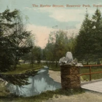 A postcard view of a pond and stone bridge in Banff, Alberta, labeled “The Banff River, Vermilion Park, Alberta, Canada.”